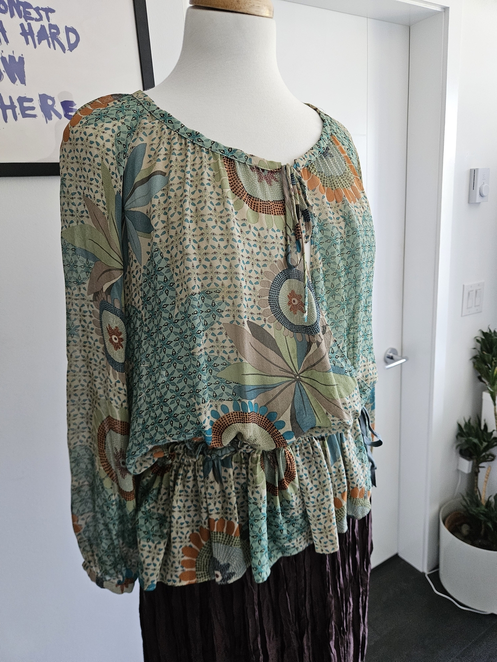 Boho Floral Peasant Blouse in Sage Green